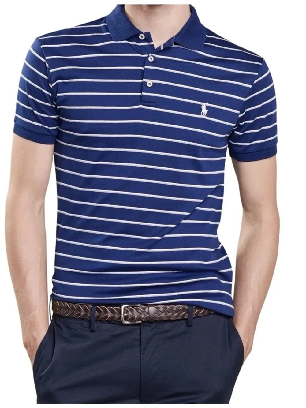 Polo Golf Ralph Lauren Men's L Navy & White Striped Polo Shirt F1338